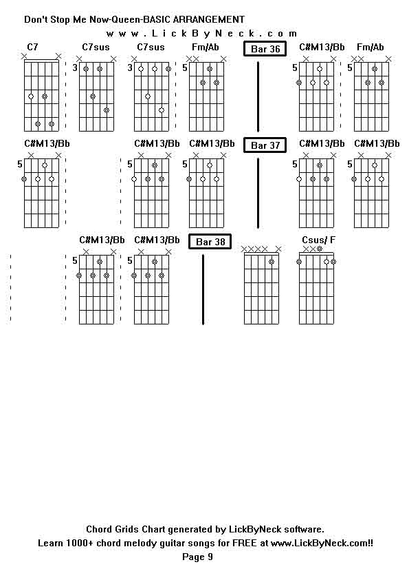 Chord Grids Chart of chord melody fingerstyle guitar song-Don't Stop Me Now-Queen-BASIC ARRANGEMENT,generated by LickByNeck software.